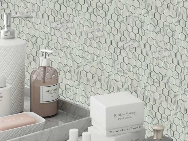 marble effect hexagon mosaic tiles mesh sheet