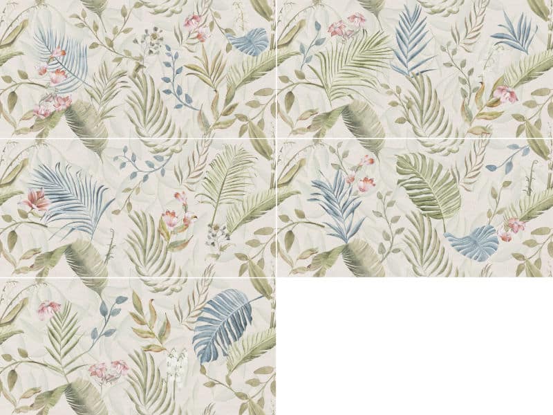 Floral decorated ceramic tile laid out to show the full patterened effect