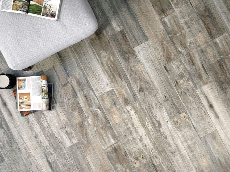 Wood effect porcelain wall and floor tile, printed plank on the tile