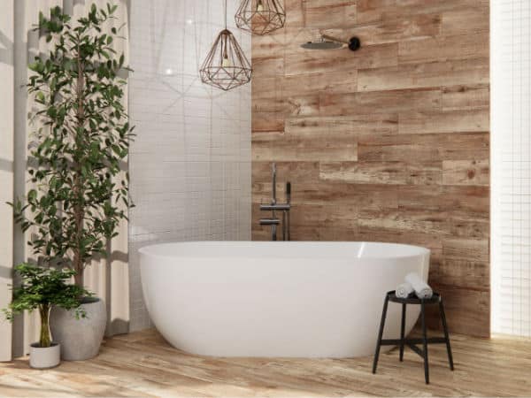 Wood effect porcelain wall and floor tile, printed plank on the tile