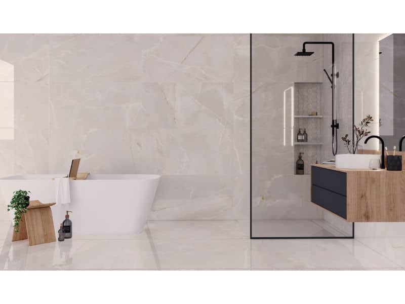Polished natural stone effect porcelain wall and floor tile