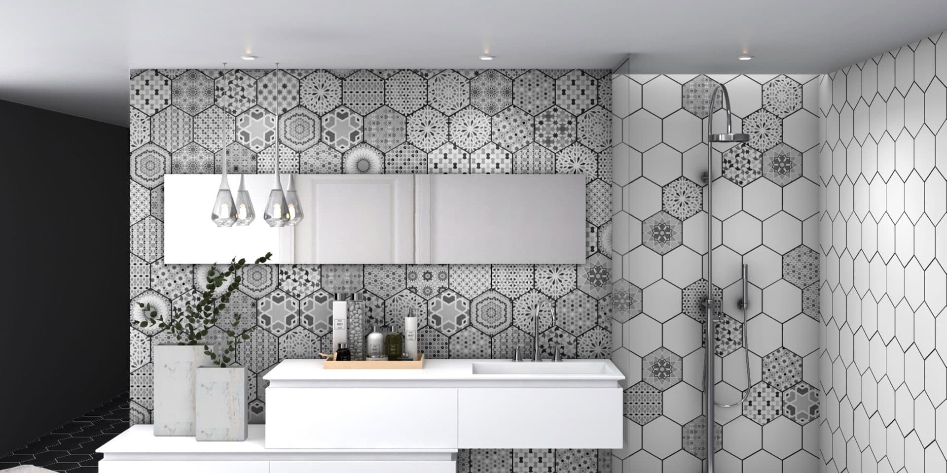 orient hexagon grey pattern in a bathroom