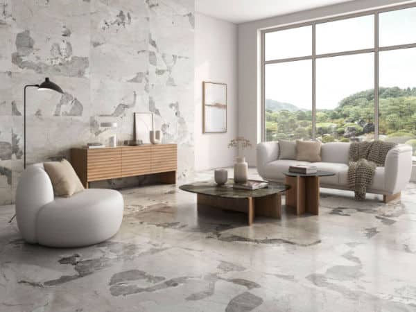 Marble effect porcelain tiles with many different faces in matt and gloss
