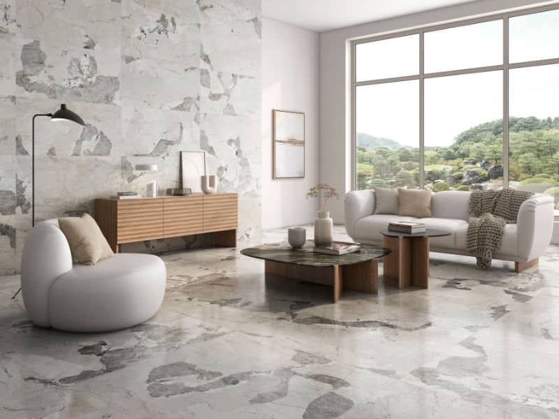 Marble effect porcelain tiles with many different faces in matt and gloss