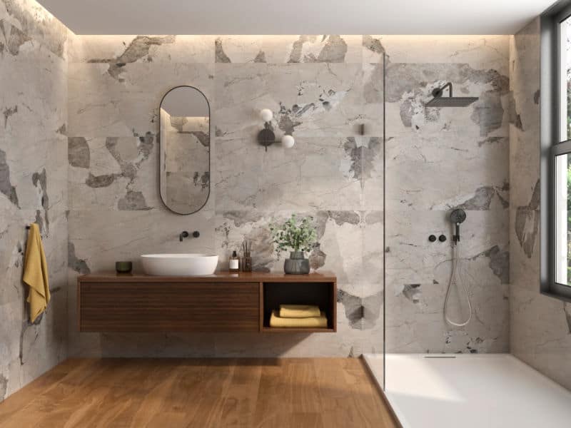 Marble effect porcelain tiles with many different faces in matt and gloss