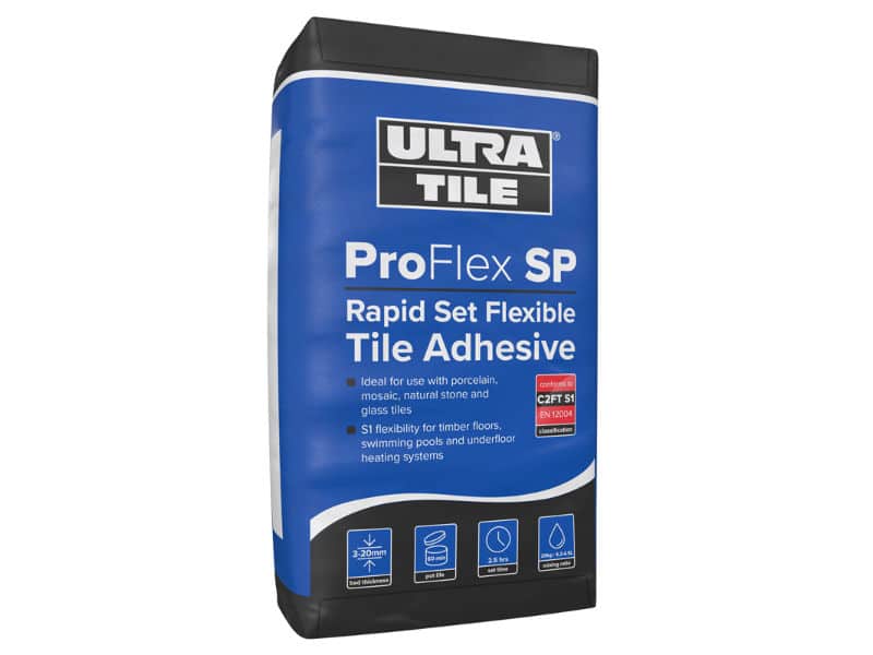 Rapid setting tile adhesive in white, for porcelain, ceramic, and natural stone