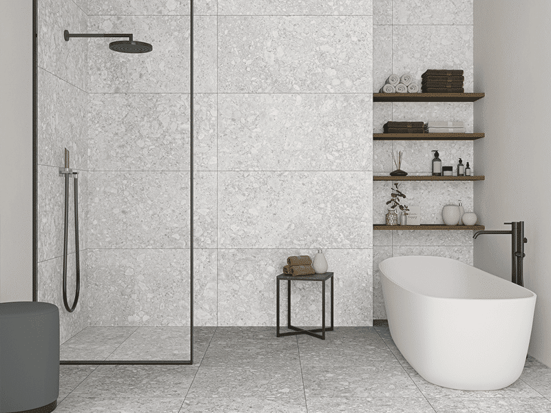 Porcelain concrete effect wall and floor tiles. Large format for kitchens and bathrooms