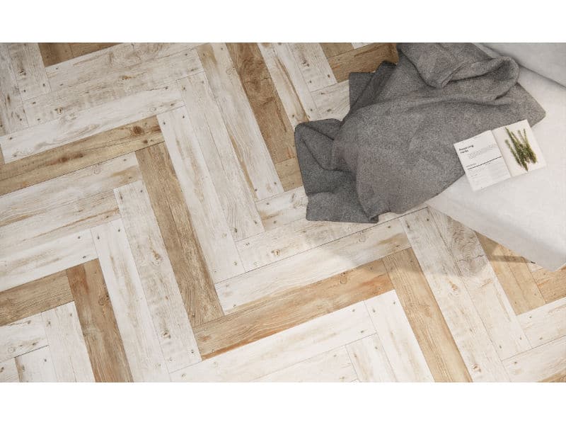 Wood effect porcelain wall and floor tile, printed plank on the tile
